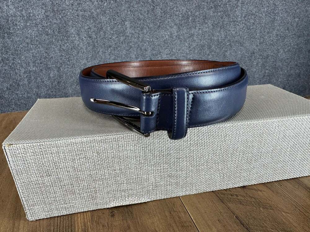 Perry Ellis Men's Navy Blue Genuine Leather Dress Belt Size 42 Gunmetal Buckle